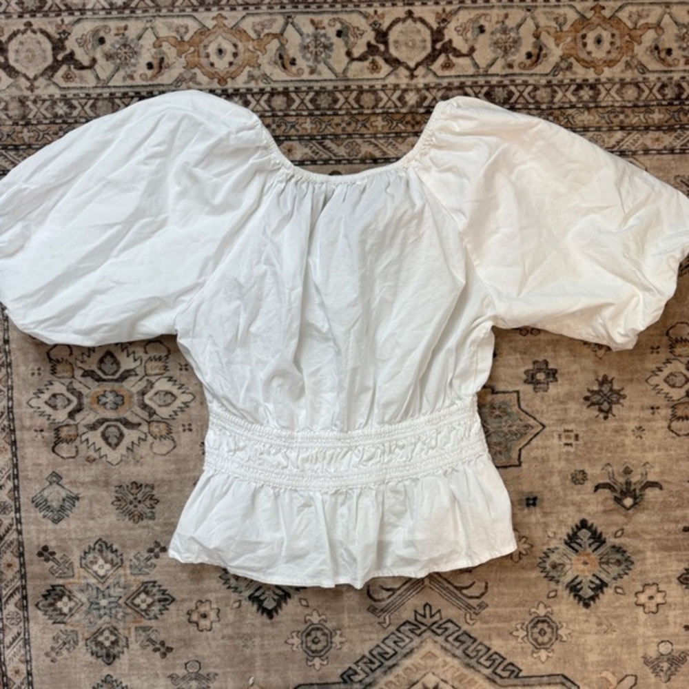 LOFT‎ White Puff Sleeve Smocked Peplum Top - Boho Coquette Cottagecore -Small - Picture 5 of 9